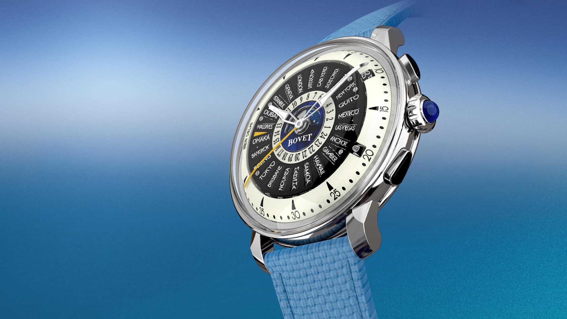 Elegant Bovet timepiece with intricate dial design and blue strap, awarded as the Best Watch of the.