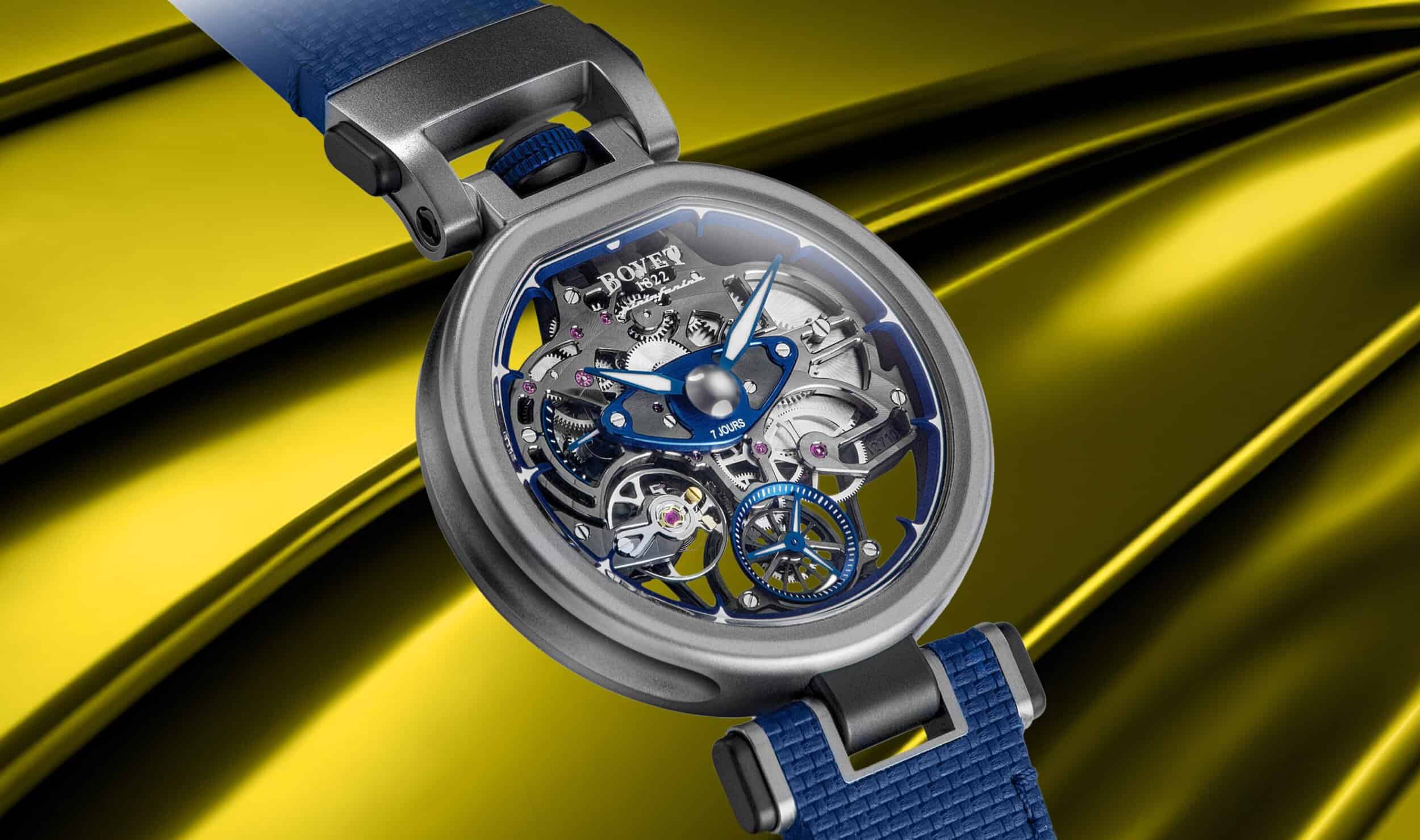 Exquisite Bovet x Pininfarina Aperto 1 timepiece with skeletonized dial and innovative design featur.