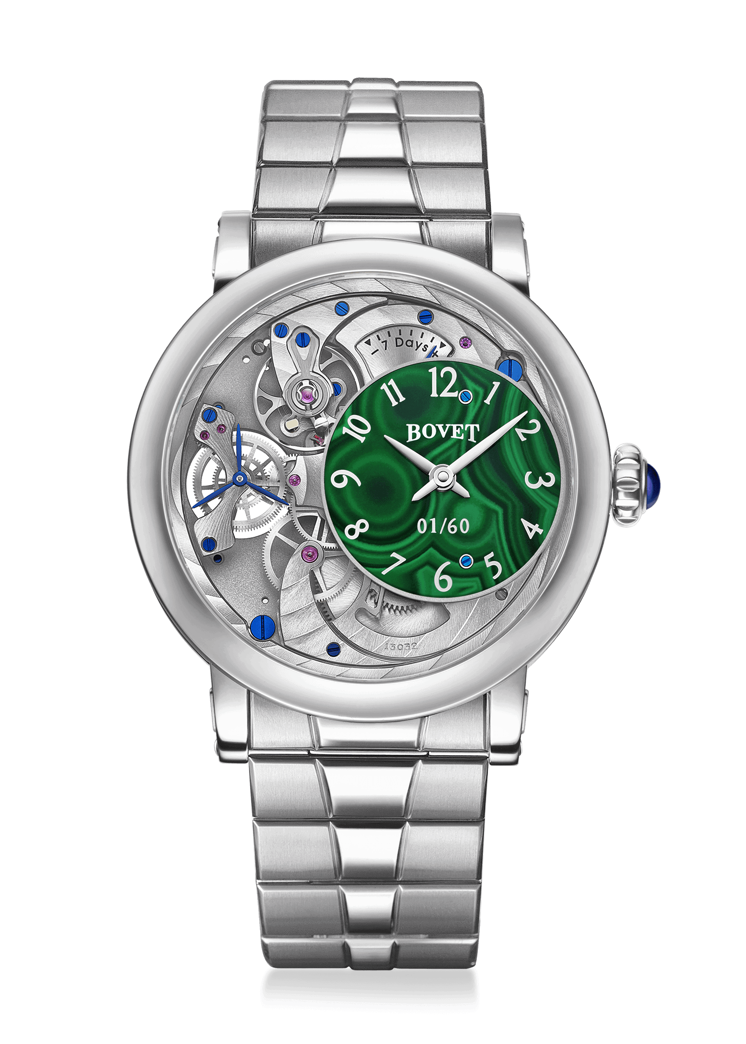 Elegant Bovet timepiece with intricate mechanical details and a vibrant green dial, showcasing craft.