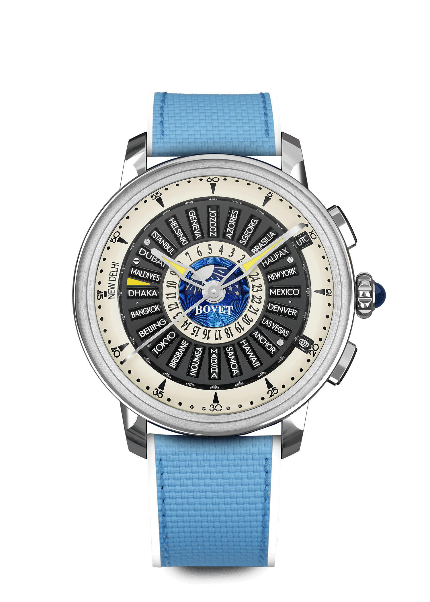 Exquisite Bovet Dimier - The Récital 30 timepiece with intricate dial design and blue strap.