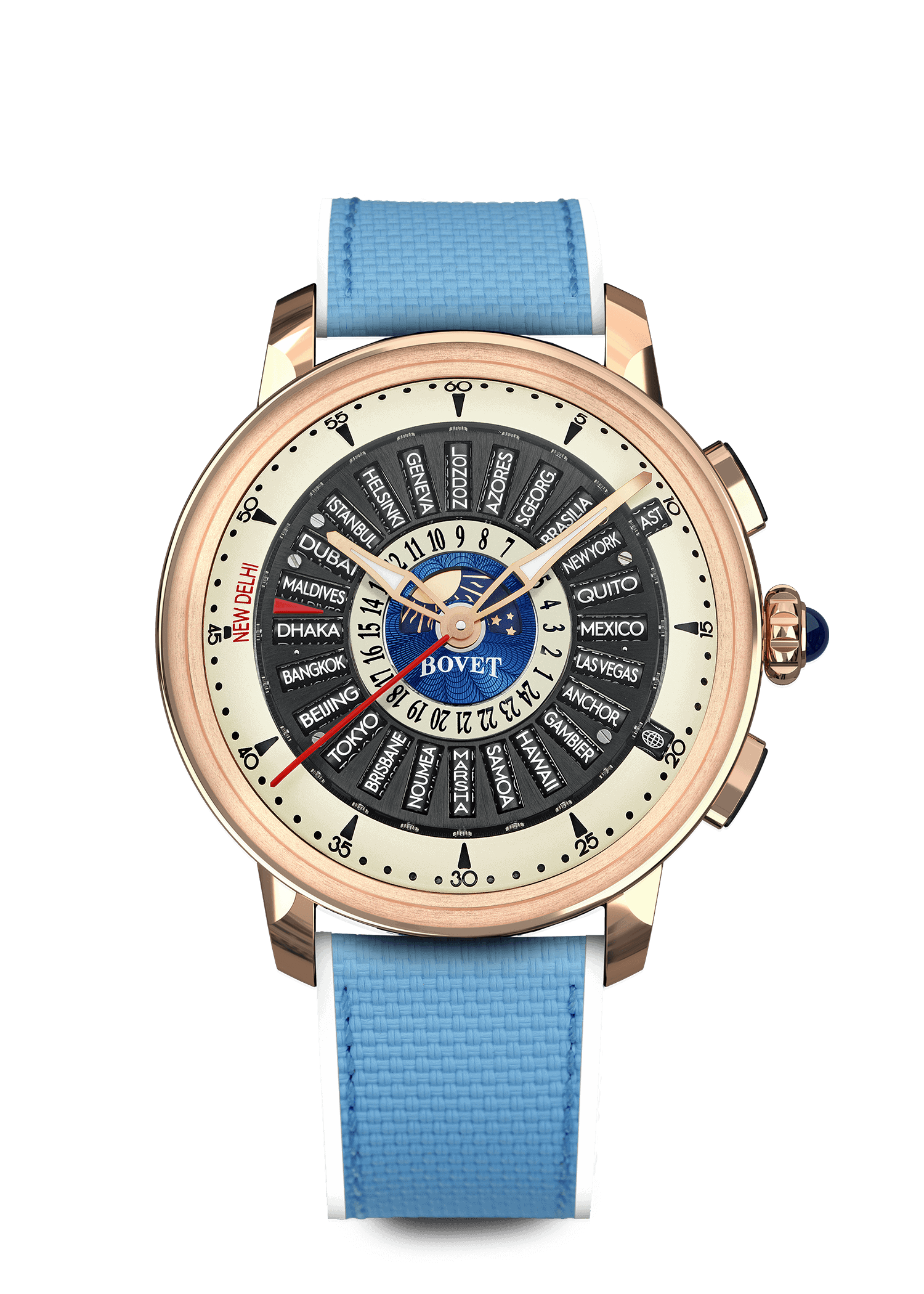Luxurious Bovet timepiece with intricate dial and blue strap, inspired by Dimier - The Récital 30 de.