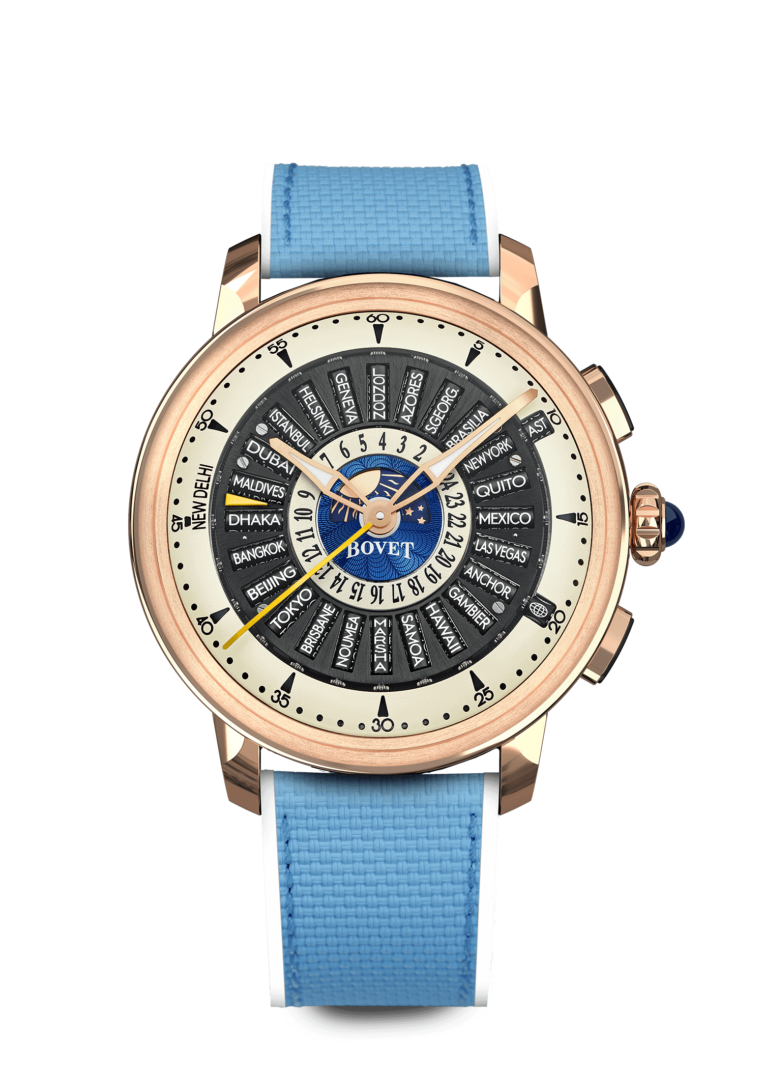 Exquisite Bovet timepiece with intricate dial and blue strap, part of the Dimier - The Récital 30 co.