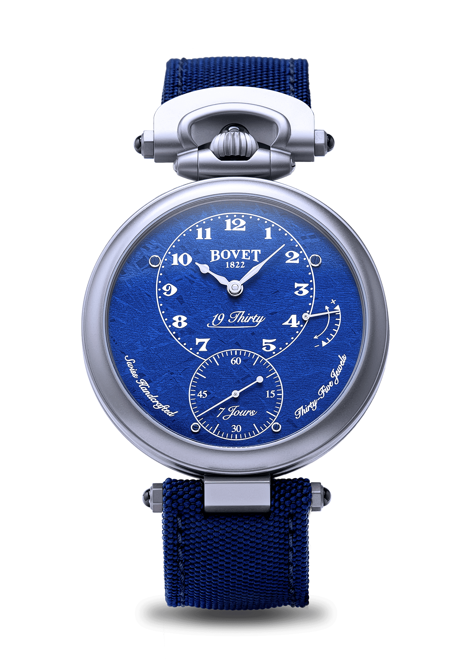 Elegant blue Fleurier 19Thirty timepiece with intricate dial details and fabric strap.