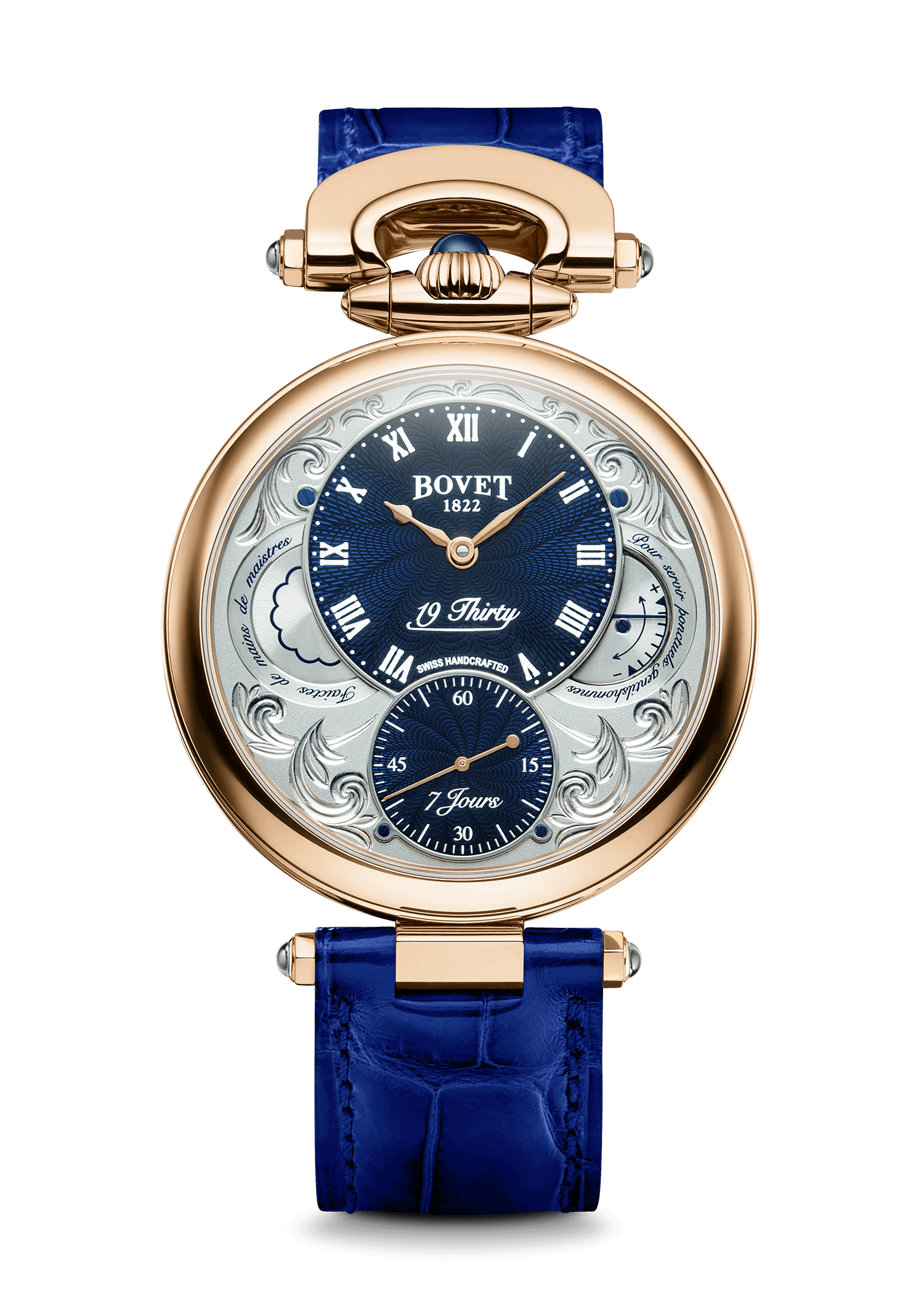Elegant Fleurier 19Thirty timepiece with intricate dial and blue leather strap.
