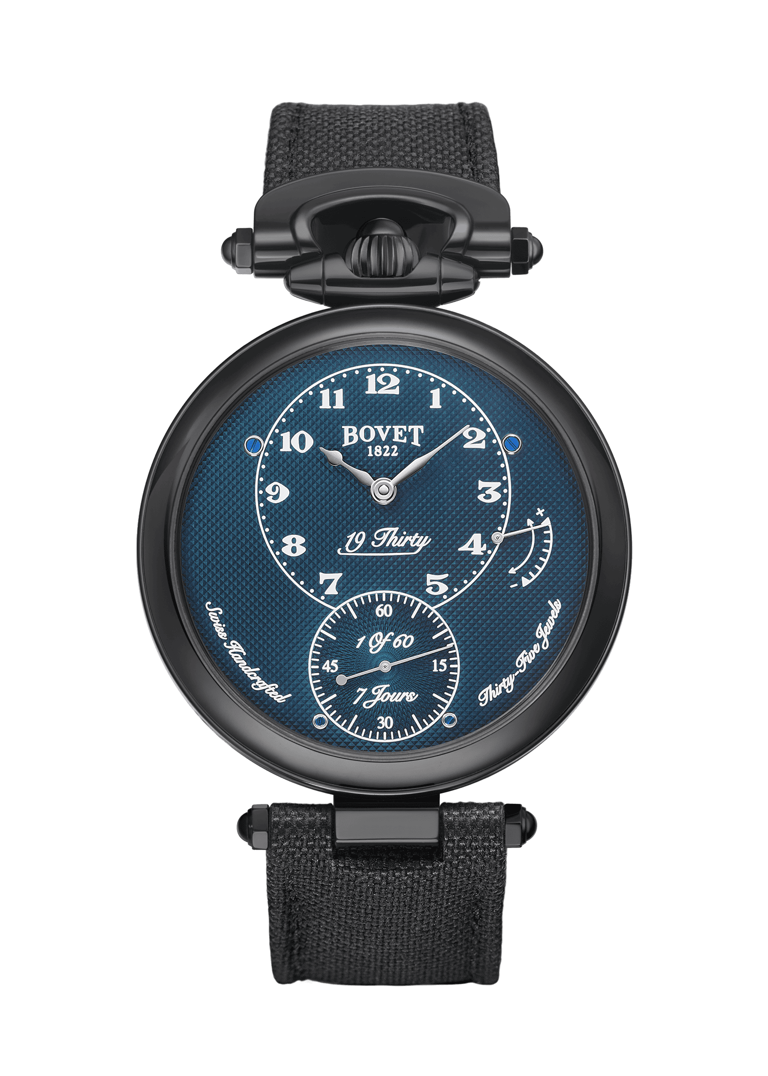 Elegant Bovet Fleurier 19Thirty timepiece with blue dial and black strap.