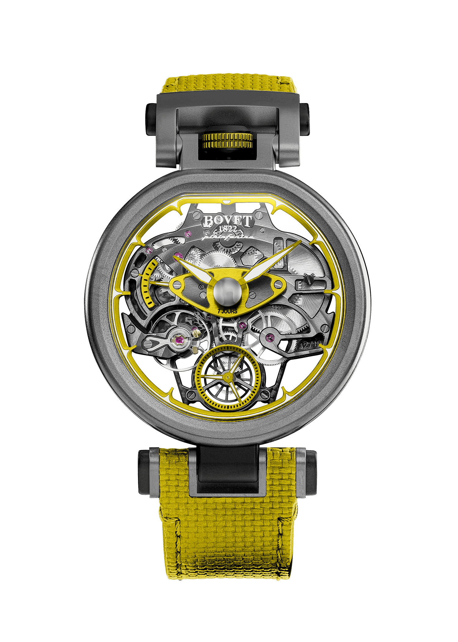 Luxurious Fleurier Aperto 1 timepiece with intricate skeleton design and vibrant yellow accents.