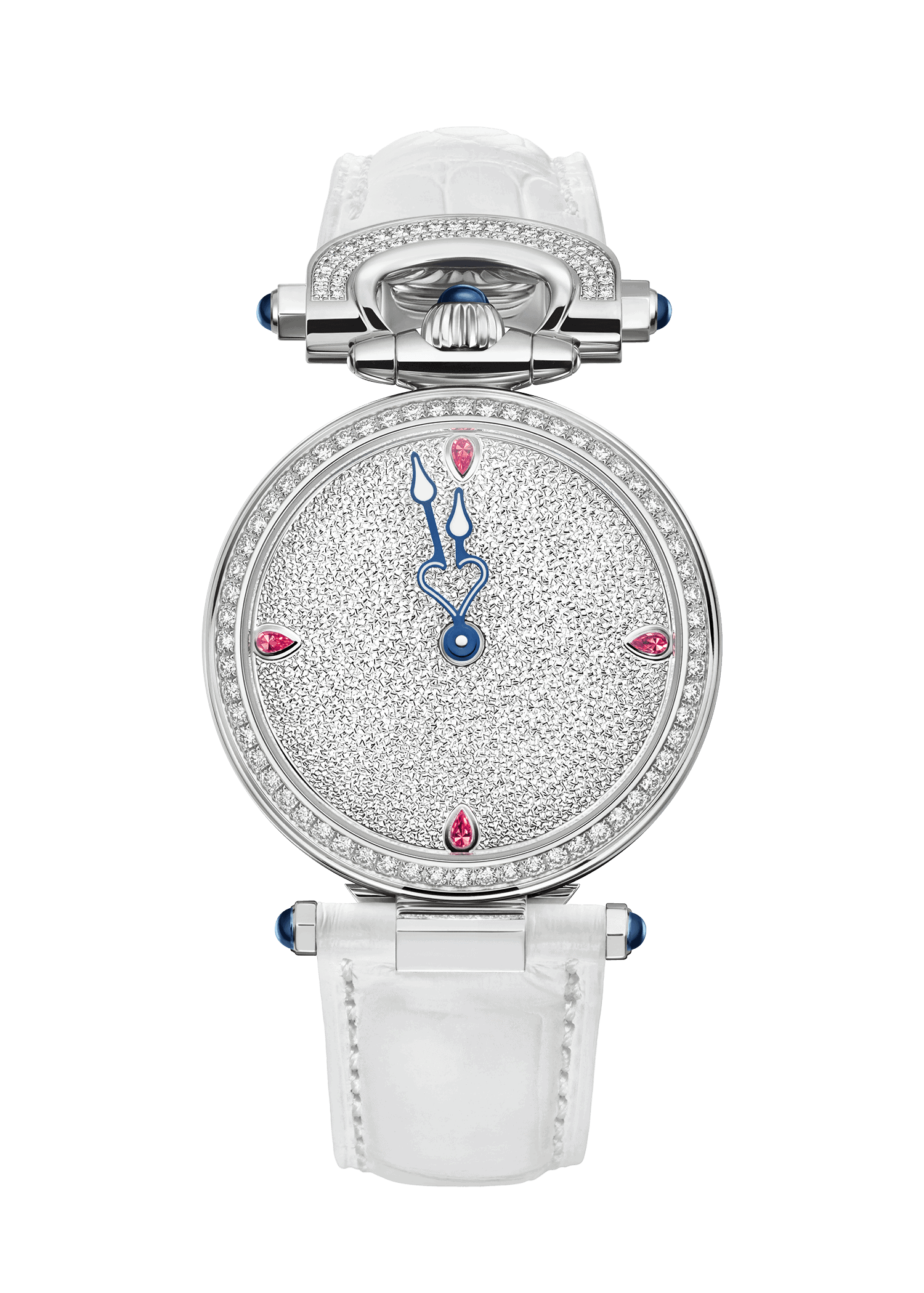 Elegant Fleurier Miss Audrey timepiece featuring a diamond-studded dial and white leather strap, exe.