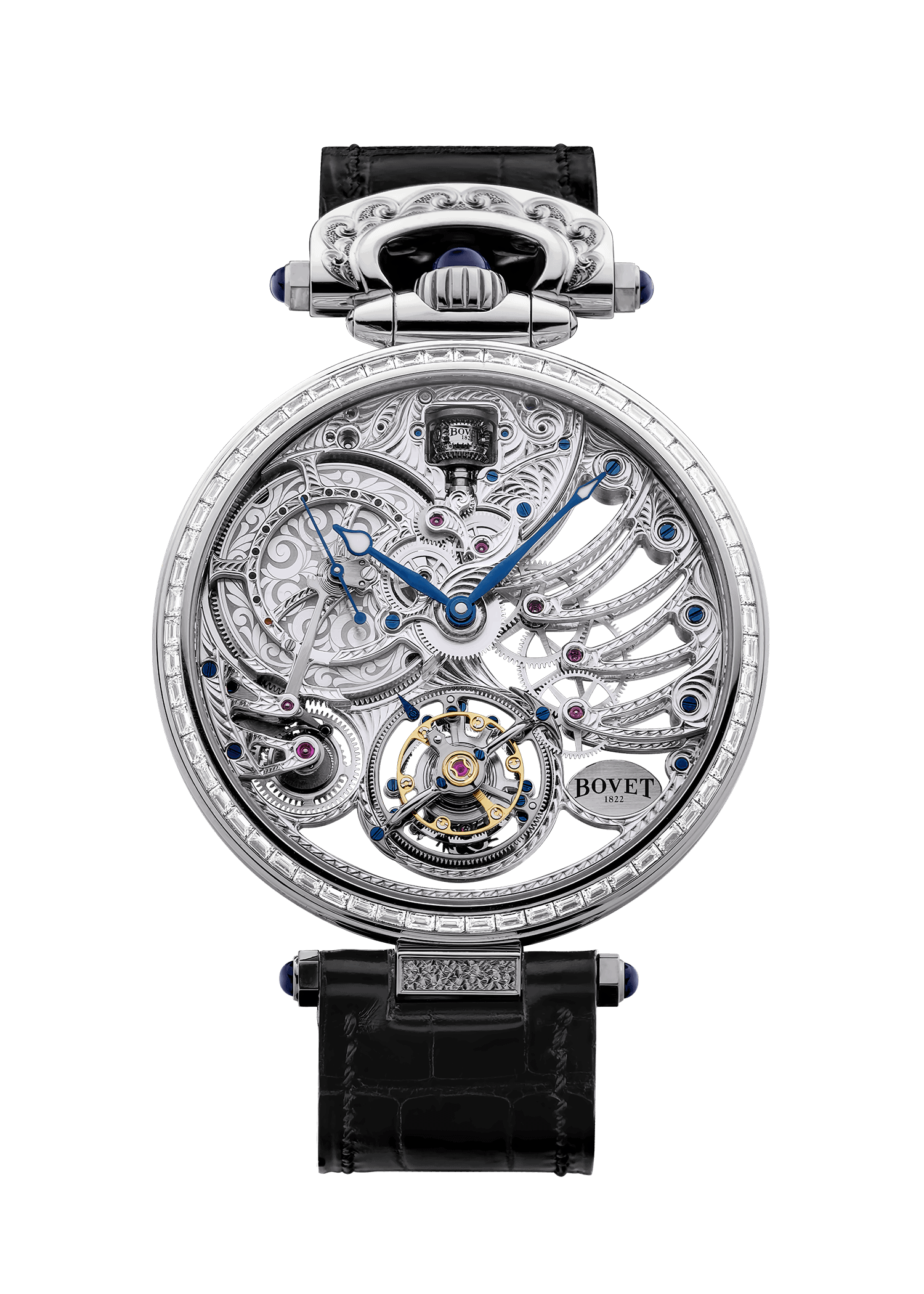 Exquisite Bovet Fleurier Virtuoso XI timepiece with intricate skeleton design and blue accents.