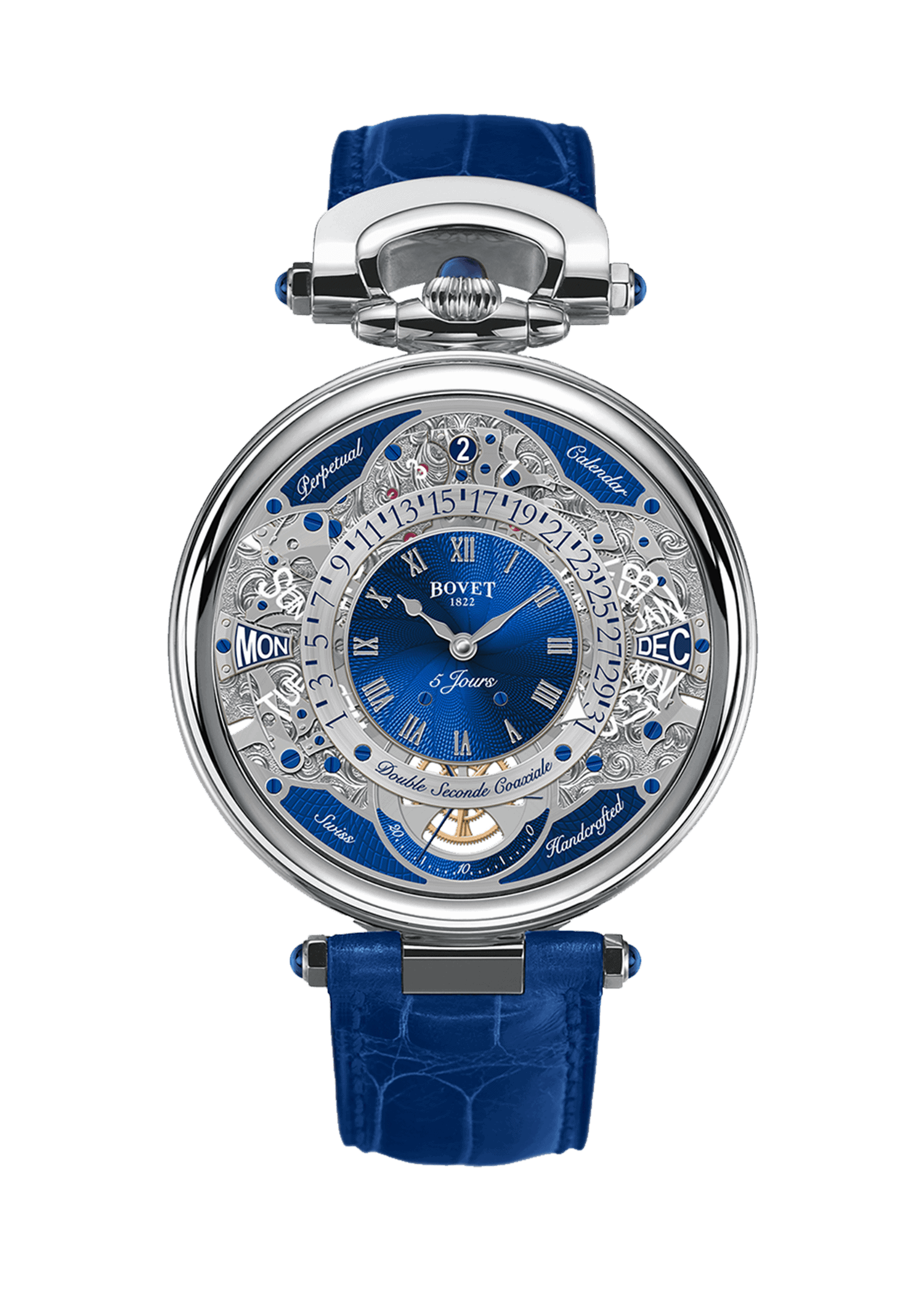 Luxurious Bovet Fleurier Virtuoso VII timepiece with intricate craftsmanship and blue accents.