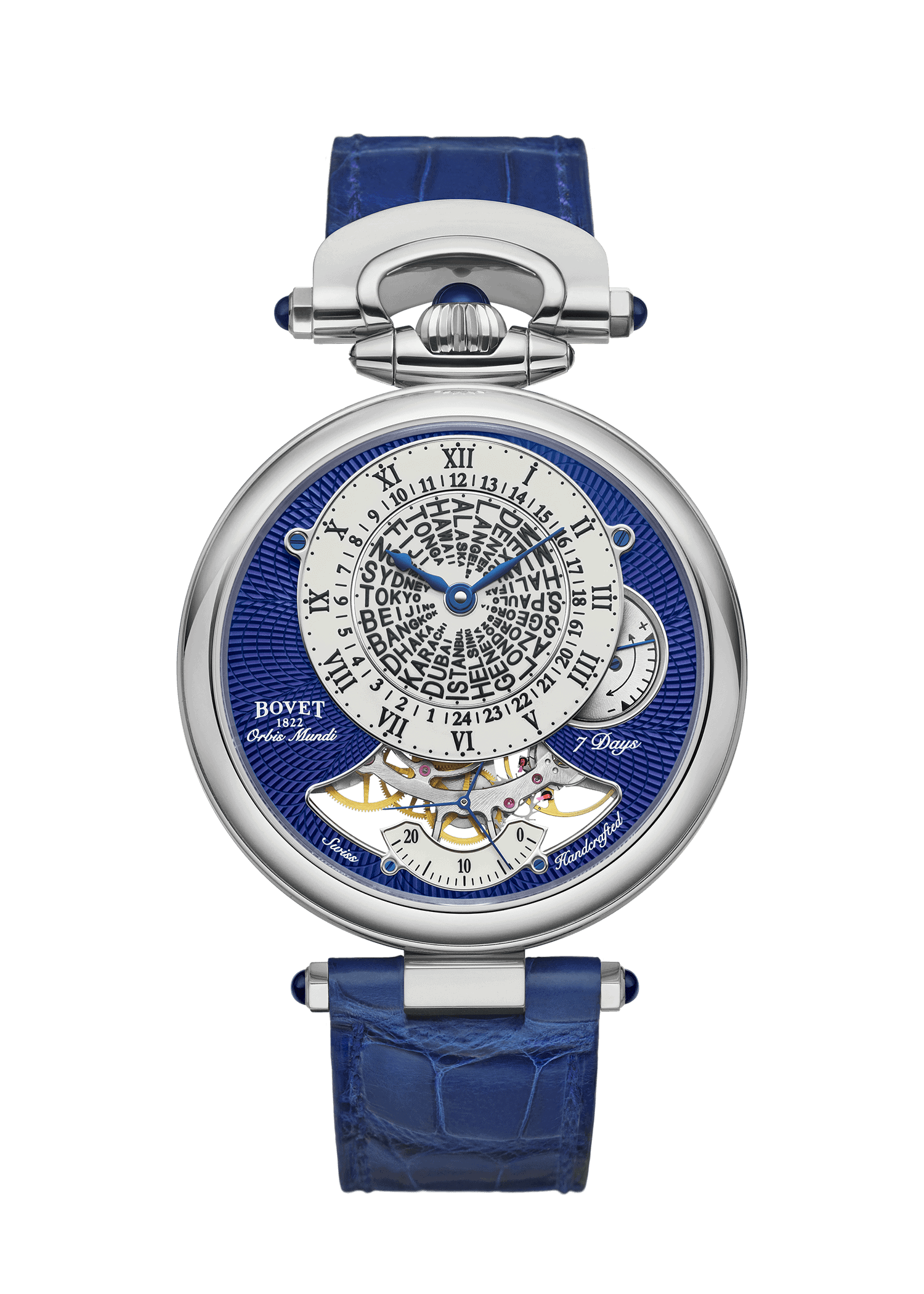 Luxurious Bovet timepiece with intricate dial and blue leather strap, from Fleurier - Orbis Mundi co.