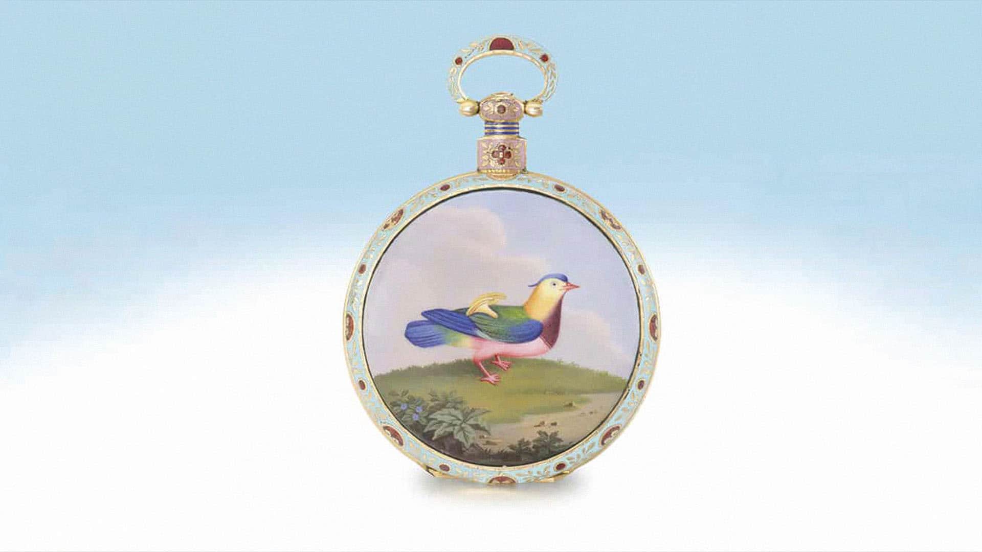 Luxurious Bovet pocket watch with intricate bird design and enamel details.